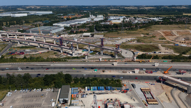 Birmingham, United Kingdom - 12 July 2026: Aerial view of High Speed 2 railway construction in England, showing major infrastructure works, earthmoving, tunnels, bridges and transport development.