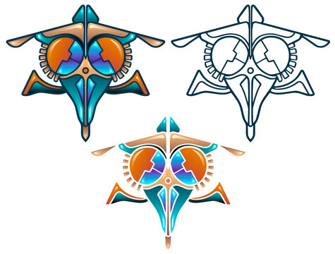 RETRO ARCADE ALIEN BOSS VECTOR ILLUSTRATION, 80S GAMING INSPIRED SCI-FI SPACESHIP EMBLEM ISOLATED ON WHITE