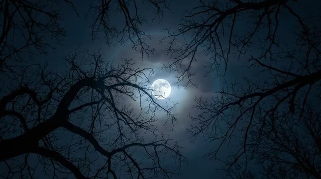 Full moon moving through tree branches at night