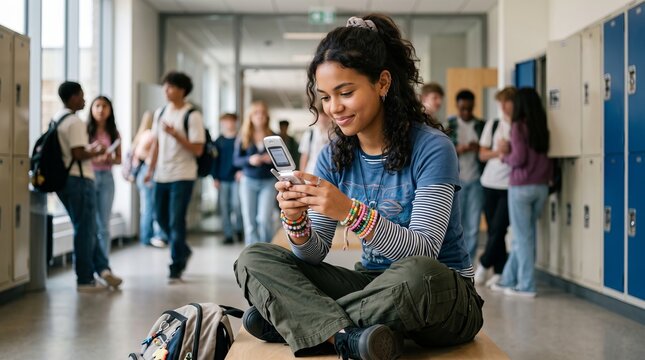 Teen girl sitting on school bench typing on vintage flip phone. Y2K fashion trend with colorful bracelets and casual clothes in hallway. Retro communication technology nostalgia concept