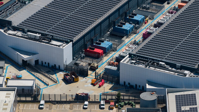Aerial view of data center backup generators and HVAC systems in Hemel Hempstead