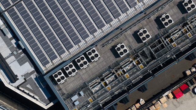 Aerial view of data center backup generators and HVAC systems in Hemel Hempstead