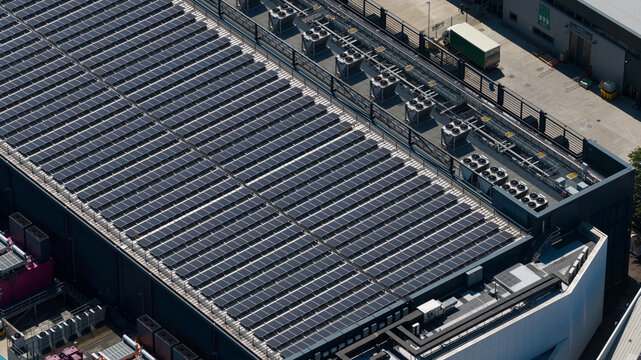 Aerial view of data center backup generators and HVAC systems in Hemel Hempstead