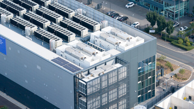 Slough, England, United Kingdom - 16 July 2026: Aerial view of GTR data center backup generators and HVAC systems in Slough