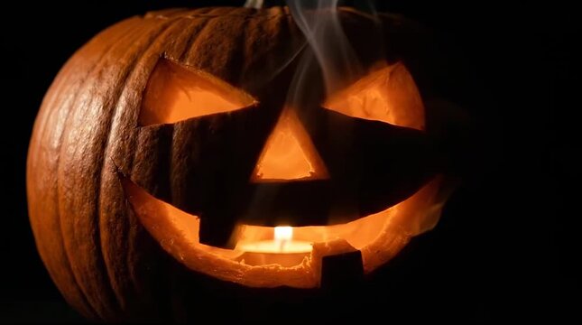 Glowing jack o lantern with rising smoke
