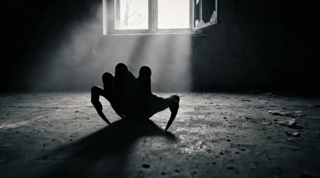 Monster hand crawling towards camera in abandoned room