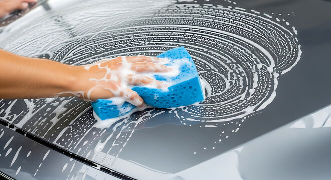 Person washing a black car with a blue sponge and soap suds