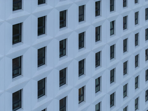 Aerial view of the geometric facade of a modern building in Krakow, Lesser Poland Voivode, Poland.