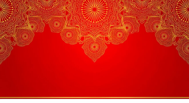Red background with traditional golden mandala patterns on the top border