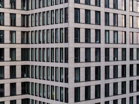 Aerial view of the geometric facade and textures on building elevation of a modern office tower in Krakow, Lesser Poland Voivode, Poland.