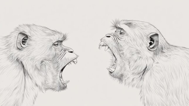 Two Monkeys Facing Each Other in Intense Expression and Detail