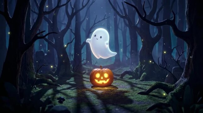 Cute ghost dancing above glowing pumpkin in spooky forest