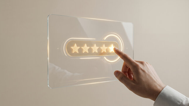 A people hand selecting a glowing golden five-star rating bar on a sleek digital visual UI overlay