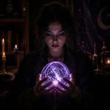 Mysterious woman holding glowing magic orb in dark mystical setting