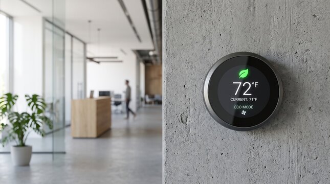 Modern office smart thermostat control. Digital climate system, HVAC automation, 72 degrees temperature display. Office building interior decor.
