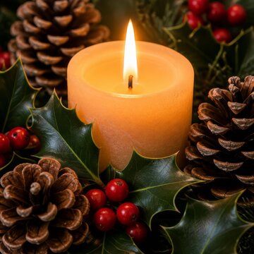 Warm Candlelight Amidst Festive Holly and Pine Cones for Winter Holidays