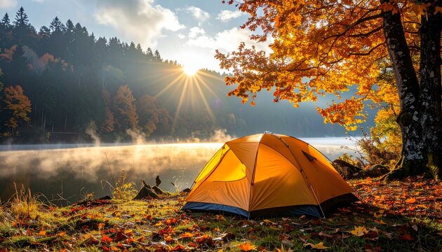 Autumn Lake Camping Tent at Sunrise