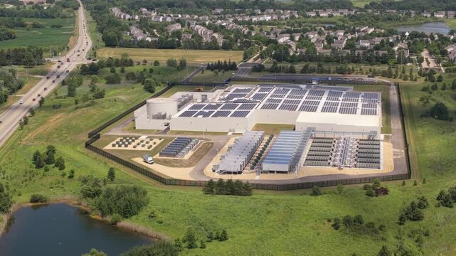Aerial view of a large data center facility with solar panels on the roof and cooling units surrounded by green landscape in Volo, Illinois, United States.