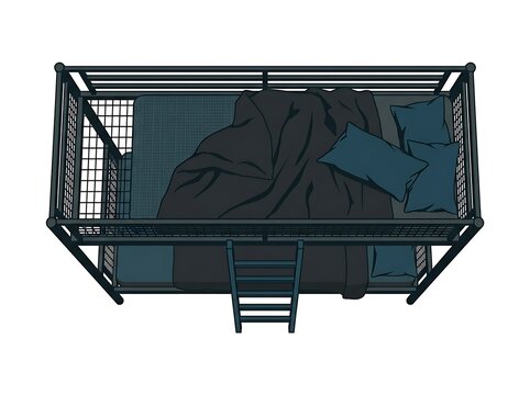 Top view of a modern metal bunk bed with dark bedding