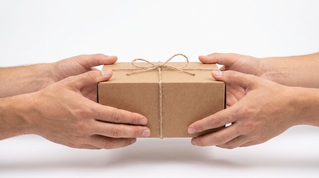 A brown gift box tied with twine being handed from one person to another. The gesture suggests exchange, delivery, or a surprise gift