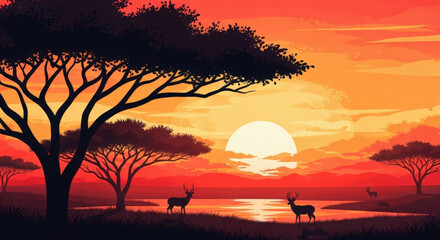 Vibrant african savanna sunset with silhouetted trees, deer, and calm water reflecting the orange sky.