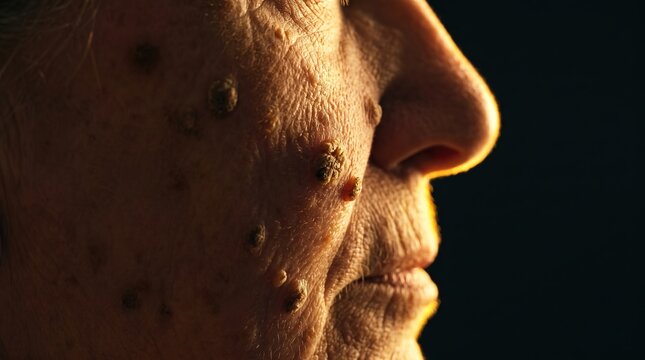 Side profile macro close up of elderly woman face with seborrheic keratosis age spots