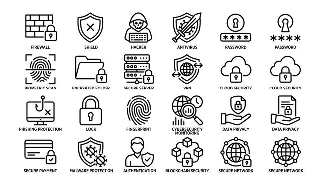 Cyber Security Outline Icons Set. Digital Protection Line Collection
