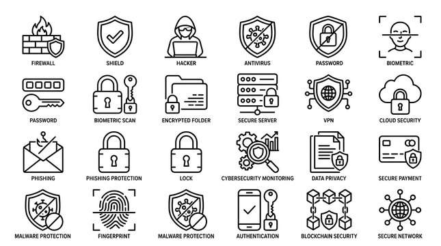 Cyber Security Outline Icons Set. Digital Protection Line Collection