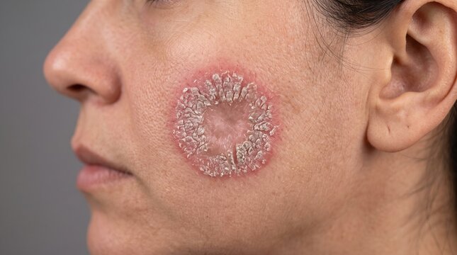 Close up of ringworm fungal infection tinea corporis red scaly rash on woman cheek