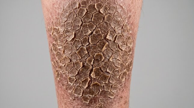 Close up macro shot of severe ichthyosis vulgaris dry cracked fish scale skin condition on leg