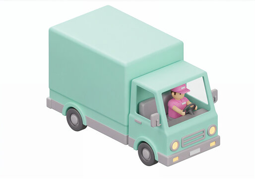 A delivery truck moves along the road with a driver inside wearing a cap. The truck is designed for transporting goods. The scene takes place during the day with clear visibility.