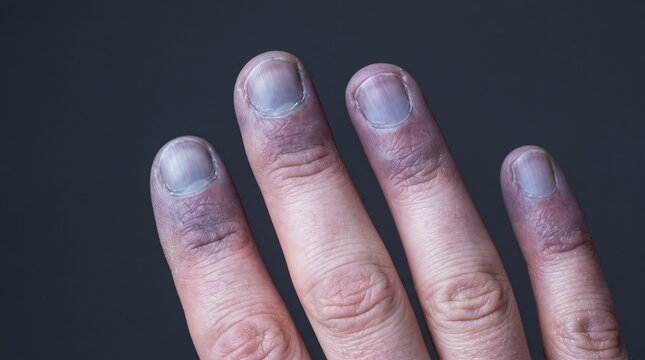 Close up of fingers showing Raynaud phenomenon cyanosis bluish purple discoloration from cold