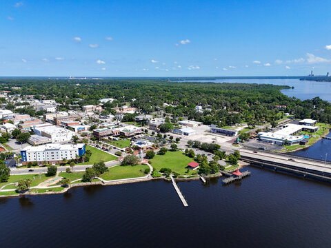 Riverfront Park and historic downtown Palatka with the St Johns River in the background in Putnam County, Florida. 