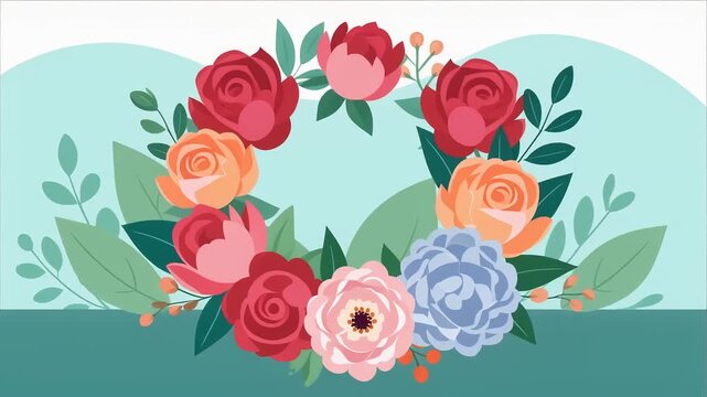 Floral wreath illustration with colorful roses. Decorative botanical frame for wedding.