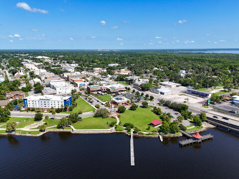 Riverfront Park and historic downtown Palatka along the St Johns River in Putnam County, Florida.