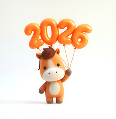 Fototapeta premium A small horse character stands and holds four orange balloons. Each balloon has a number on it forming 2026. The background is light and simple.