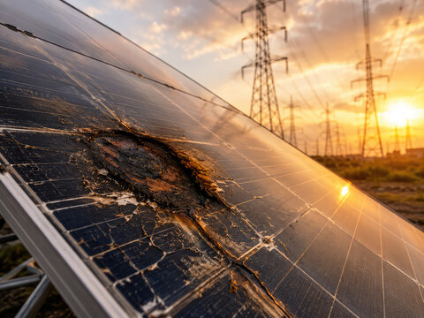 Damaged Solar Panel with Burn Marks Highlighting Renewable Energy Maintenance Challenges