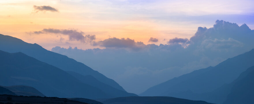 Scenic Andes landscapes in Sacred Valley Valle Sagrado near Cusco at sunset