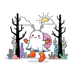 Naklejka premium Cute Snail Ghost Character in a Whimsical Forest.