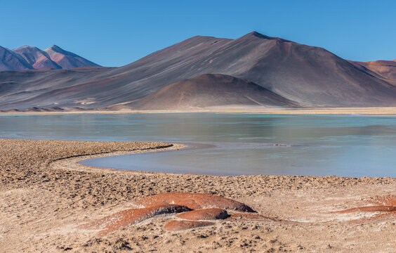 View of Piedras Rojas with its distinctive red volcanic rocks, a turquoise lagoon, and arid mountains under a clear blue sky in San Pedro de Atacama, Antofagasta, Chile.