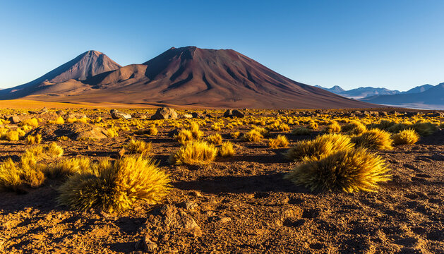 View of the Licancabur volcano rising above the arid desert landscape with golden bunchgrass and volcanic rocks under a clear blue sky in San Pedro de Atacama, Antofagasta, Chile.
