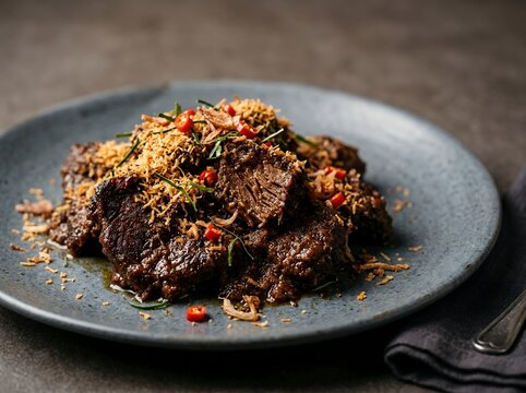 Delicious traditional Indonesian beef rendang served on a ceramic plate.