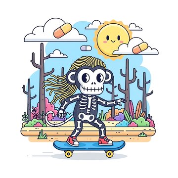 Skeleton Monkey Skater in a Whimsical Forest.