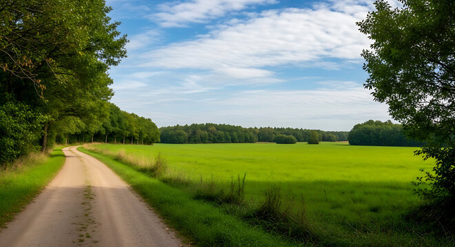 Dirt path leading through a green meadow near a forest under a blue summer sky
