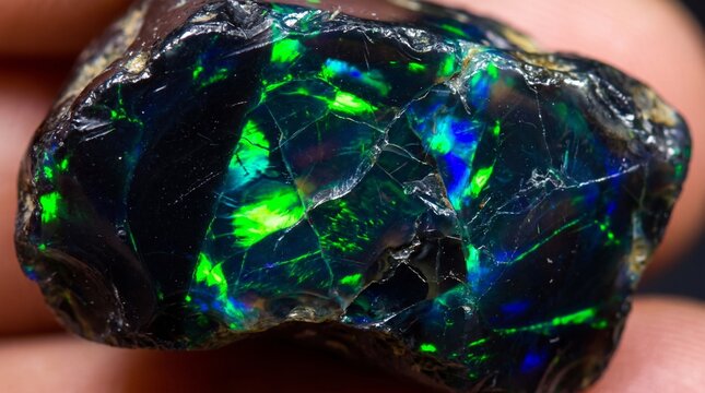 A close up view of a raw black opal gemstone with vibrant green and blue flashes.