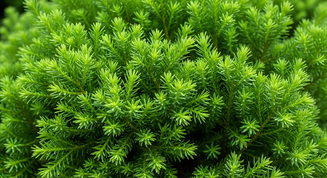 Fresh bright green needles of a young spruce tree branch in the forest