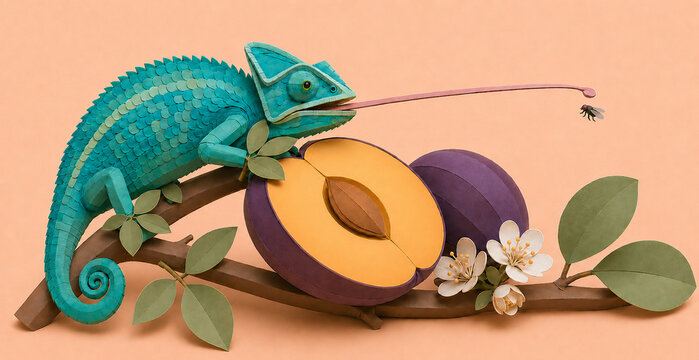 Paper craft chameleon reaching for fly beside ripe plums