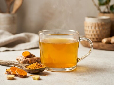 Glass cup of fresh organic turmeric tea with roots and powder on a rustic tabletop.