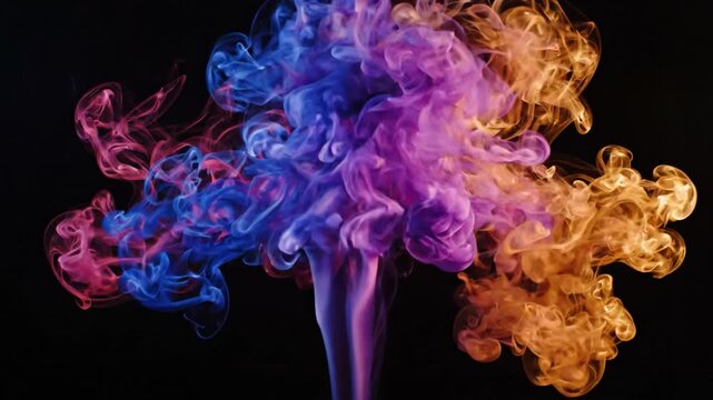 Abstract colorful smoke plumes swirl and expand in dark space, creating dynamic visual effects with red, blue, and orange hues