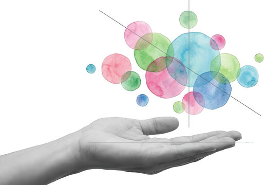 Open human hand gently holding a cluster of colorful watercolor circles with geometric lines intersecting the abstract shapes pink blue green creativity ideas imagination